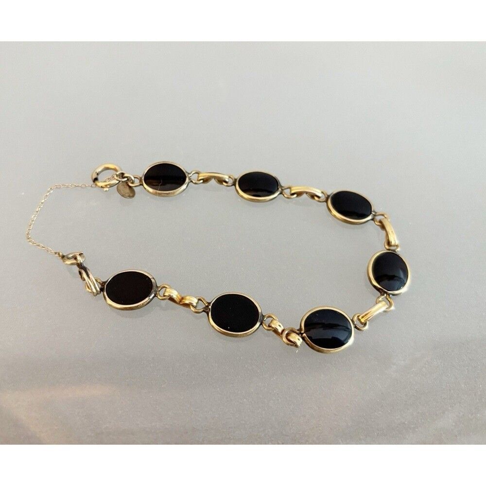 Vintage Black OnyxOval Link Bracelet, 12K Gold Filled, 1960s Retro